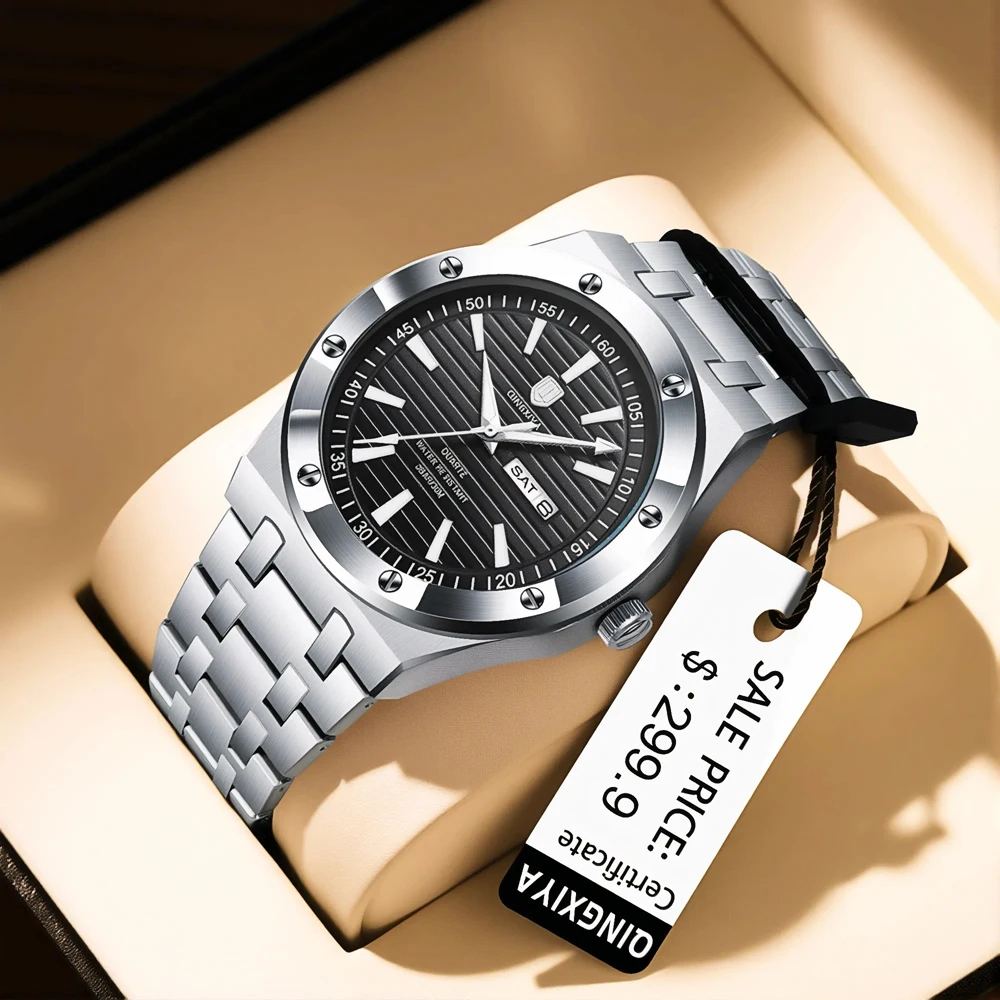 QINGXIYA Luxury Men's Watches Fashion Casual Waterproof Luminous Week Date Quartz Watch Male Stainless Steel Wristwatch Mens