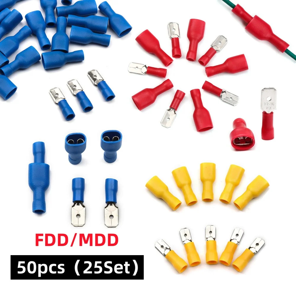 50PCS FDD/MDD 6.3mm Terminal Red Blue Yellow Female Male Spade Insulated Electrical Crimp Terminal Connectors Wiring Cable Plug