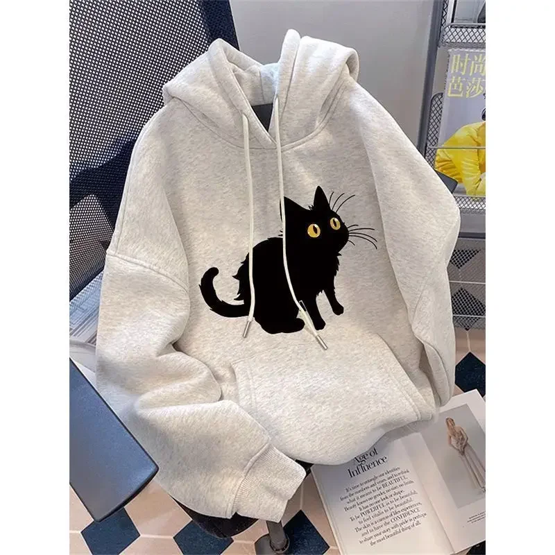 Women Long Sleeved Hooded Sweater Korean Version Minimalist Cat Print Loose Casual Top Girl Clothing Autumn New Ins y2k clothing