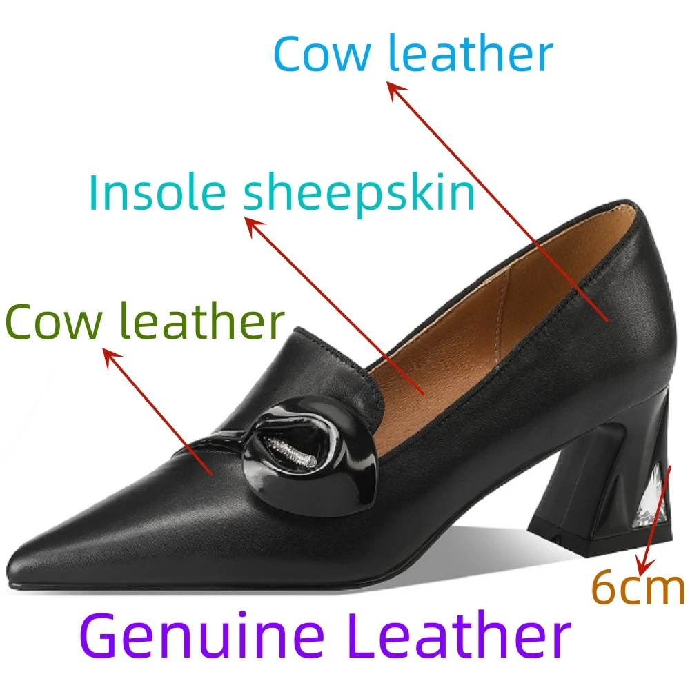 【JOCHEBED HU】Women Brand Genuine Leather Shoes Pointed Toe Chunky Heel Pumps High Heels Belt Buckle Shoes forzapatos de mujer