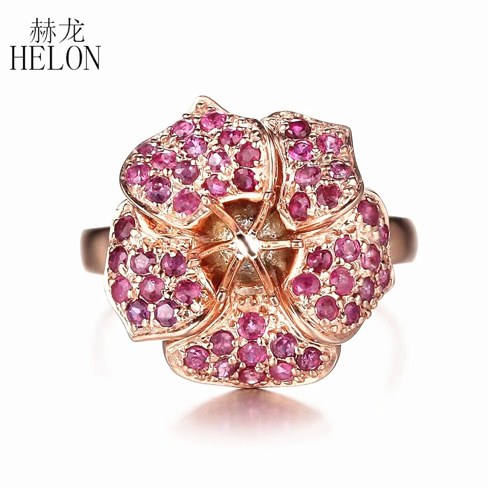 HELON 6mm Round Solid 14K 10K Rose Gold Genuine Rubies Semi Mount Gemstone Ring For Women Birthday Anniversarry Best Gift