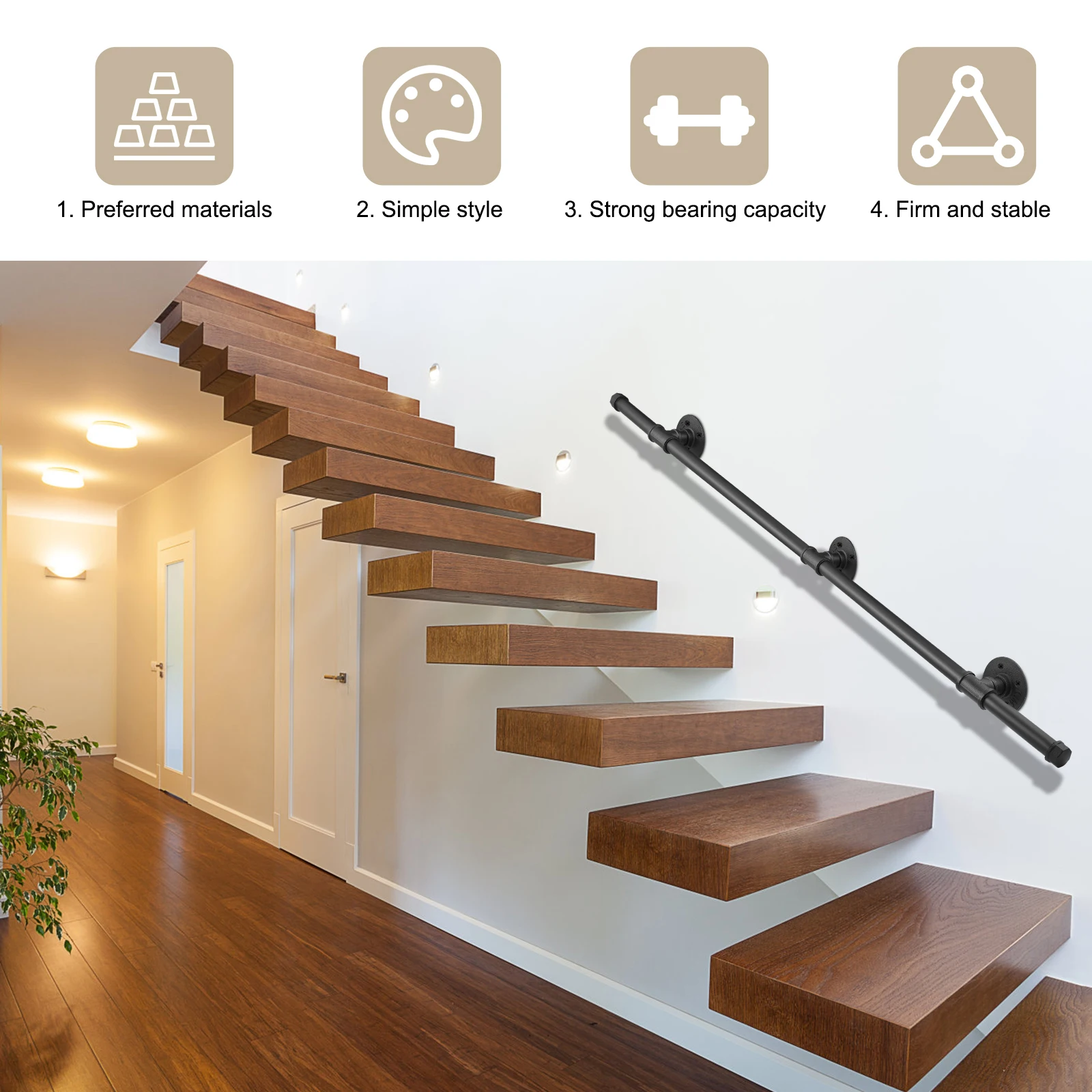 Corrimãos de 4,9 pés para degraus de escadas internas, 2 seções 1,5 m, metal antiderrapante fácil instalação para escadas externas varanda deck corrimão