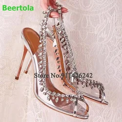 Crystal Peep Toe PVC Slingback Sandals For Female Women Slip-on Back Strap Thin High Heel Luxury Rhinestone Design Fashion Shoes