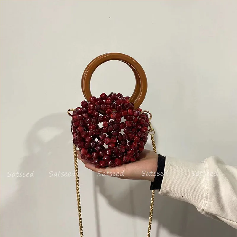 2023 Red Crystal Bag Women\'s Fashion Retro Round Handbag Hand-woven Beaded Bags Banquet Celebrity Chain Clutches сумка из бусин