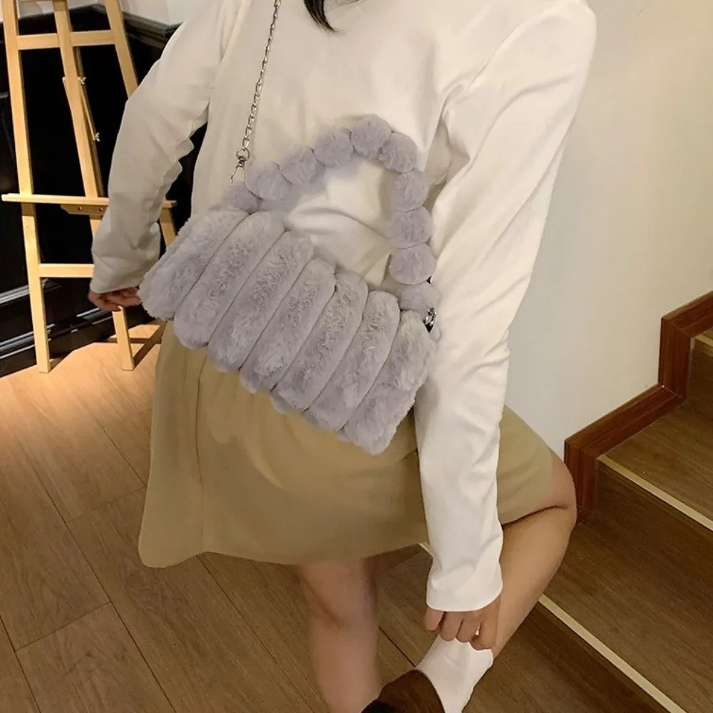 

Casual Furry Handbag Stripe Large Capacity Crossbody Bag Soft Solid Color Commuting Handbag Travel