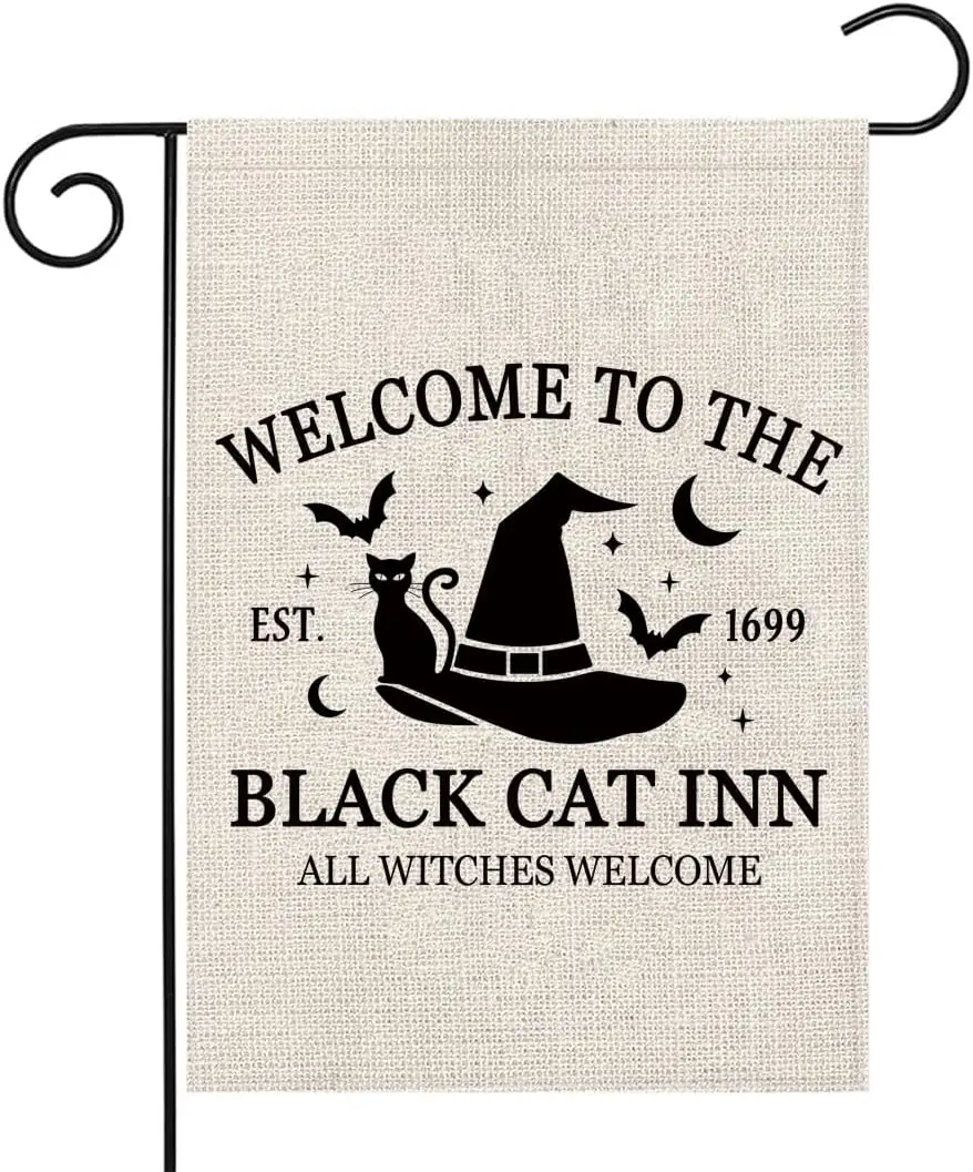 PWHAOO Black Cat Lover Garden Flag Welcome To The Black Cat Inn Est Garden Flag Witch Lovers Gift Witch Hat Gift (BLACK CAT INN