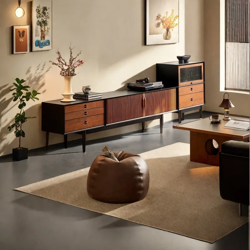 

Solid wood TV cabinet black retro style Chinese style locker simple TV cabinet medium antique style