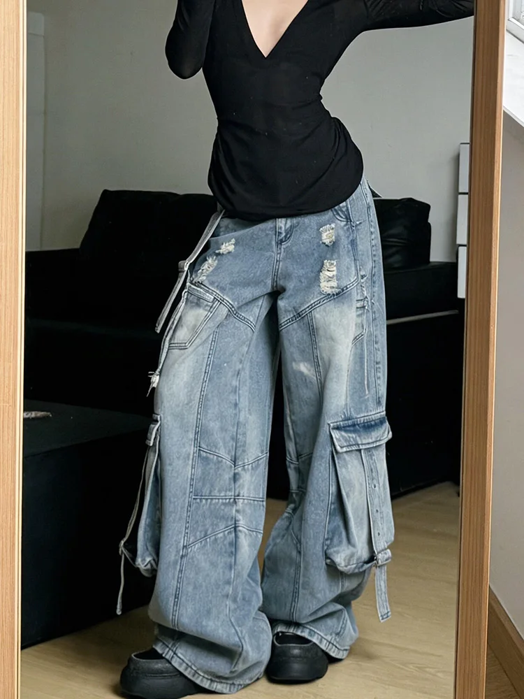 

American High Street Retro Hot Girl Design Workwear Jeans Loose Wide Leg Floor-Length Pants Women's Summer Casual Trousers