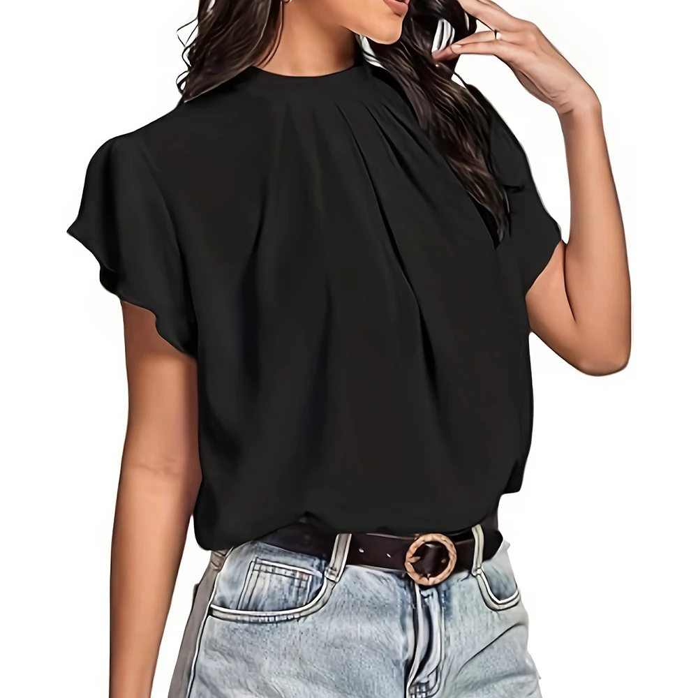 Women's Polyester Pleated Wrap Top with Short Sleeves Curved Back Design and Keyhole Opening for Year Round Wear