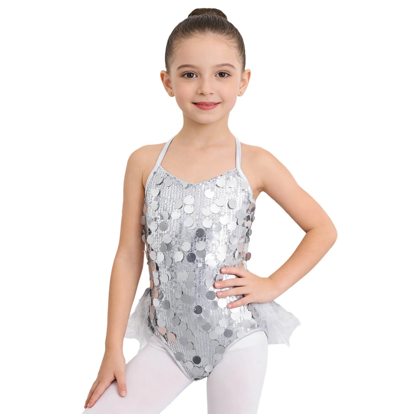 Kinder Mädchen Metallic Glänzender Pailletten-Latein-Jazz-Tanz-Bodysuit Ärmelloses Feder-Trikot für Ballett Gymnastik Eiskunstlauf-Aufführungen