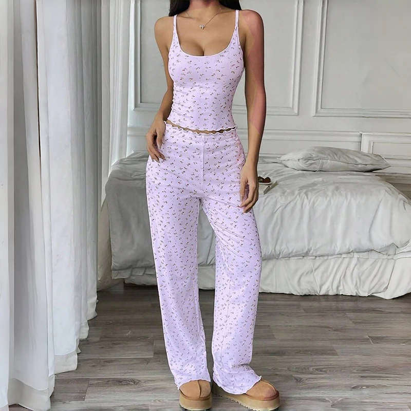 Summer Casual And Fashionable Floral Print Halter Top And Long Pants Pajama Set For Women  Comfortable And Sexy Sleepwear