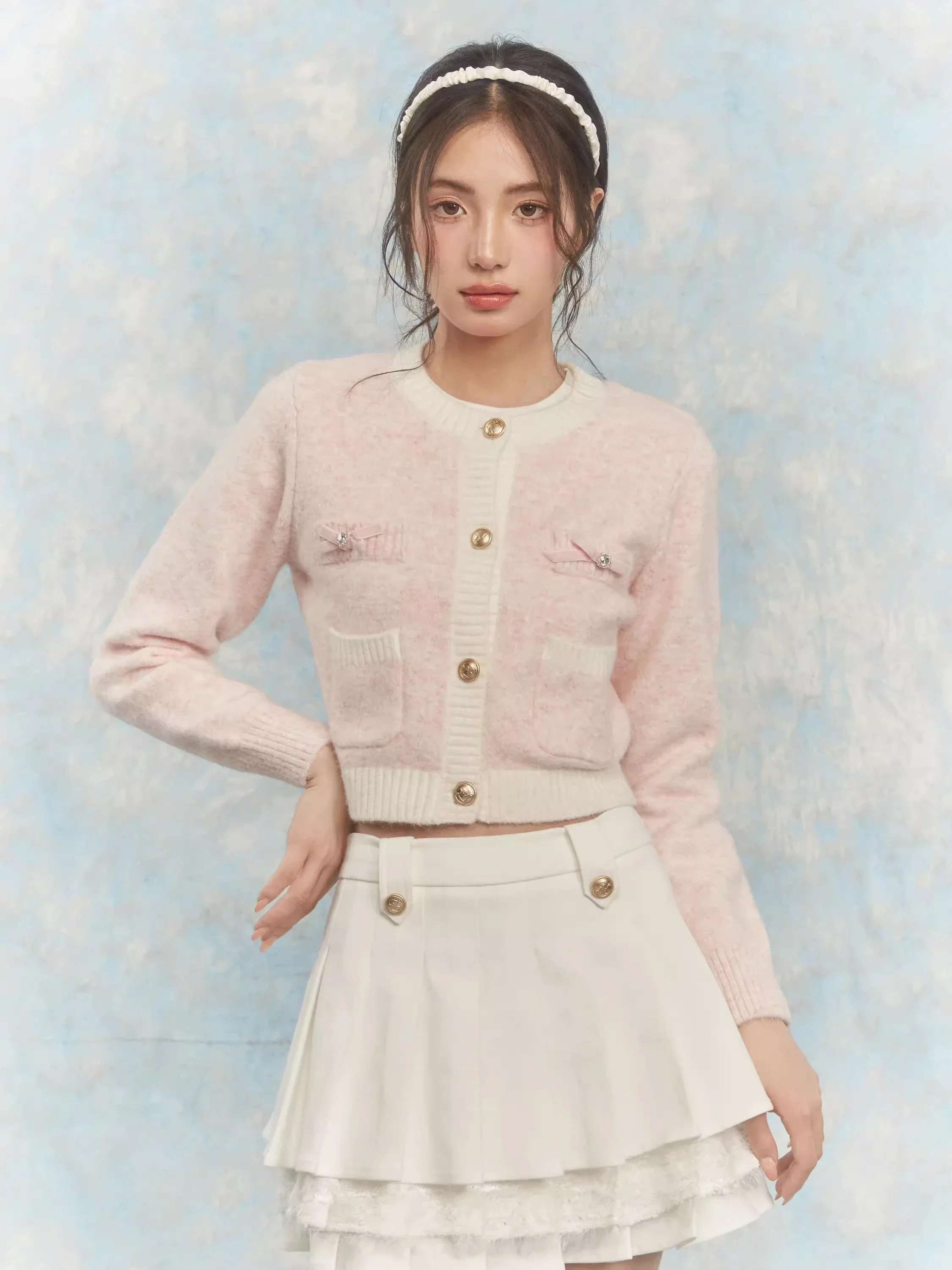 

Korean Fashion Pink Cropped Cardigan Women Kpop Sweet Girl Knitted Sweater Bow Coquette Aesthetic Long Sleeve Tops New