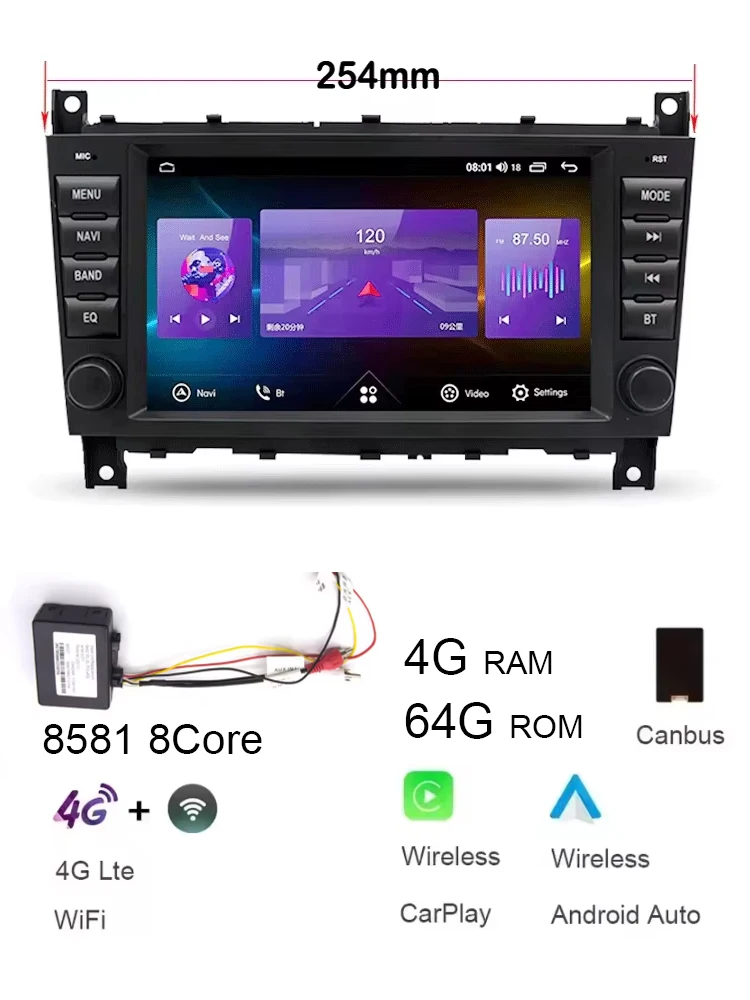 Voor Benz CLK W203 W209 2005-2012 8 "Carplay Auto Android 14.0 254mm 720P IPS Auto Dvd-speler GPS kaart WIFI BT RDS Radio 4G WIFI