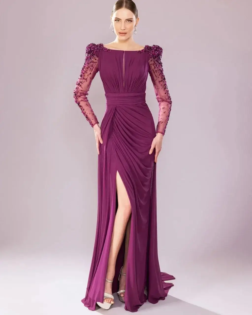 

Arya Purple Exquisite Evening Dress Chiffon Long Skirt Long Sleeves O-Neck Bead Embroidered Wedding Dress Customized