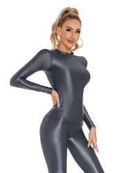 Sexy Women Satin Smooth T-shirt Oil Glossy Shiny Yoga Tights Sheer See Through Elastic Shaping Leotard Tops Candy Color