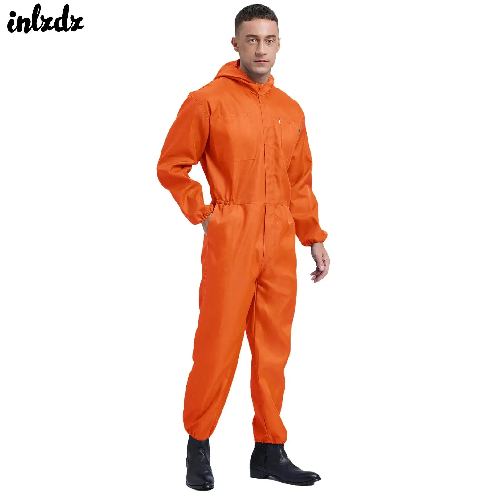 Mens Work Overalls One Piece Mechanics Workwear Lightweight Hooded Coverall Jumpsuits Half Zipper Dustproof Long Sleeve Workshop