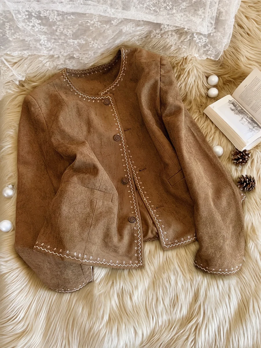 

Retro American Sle round Ne Suede Jaet Women's Casual Versatile Spring Autumn High End Feeling Sli Top