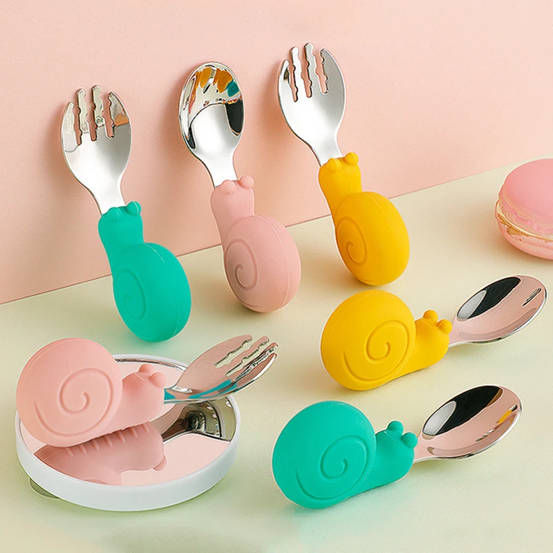 Hippo Snail Whale Silicone Baby Spoon and Fork 316 Stainless Steel Utensil Set Learn To Eat  Tableware Baby Infant Food Feeding