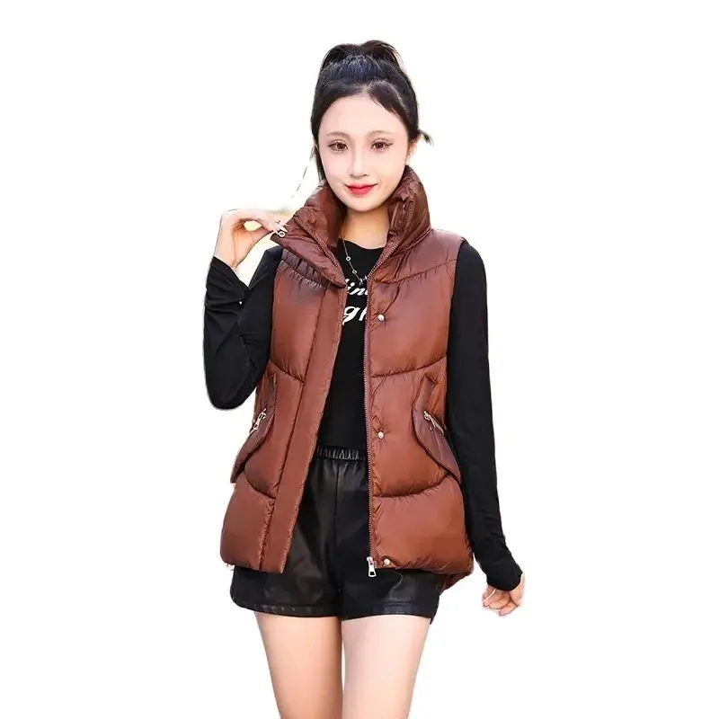 Winter Short Down Cotton Vest Jacket Women Loose Stand-Up Collar Vests Coat Fashion Pocket  Tops Pure Colour Waistcoat Female