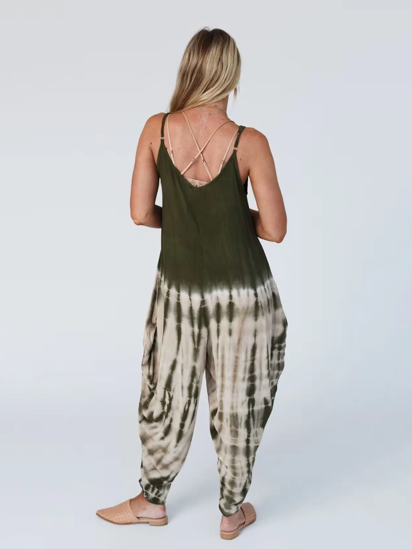 Mono camisola con cuello en V y estampado Tie-Dye para mujer, pantalones de linterna sueltos de moda, una pieza sin mangas, talla grande