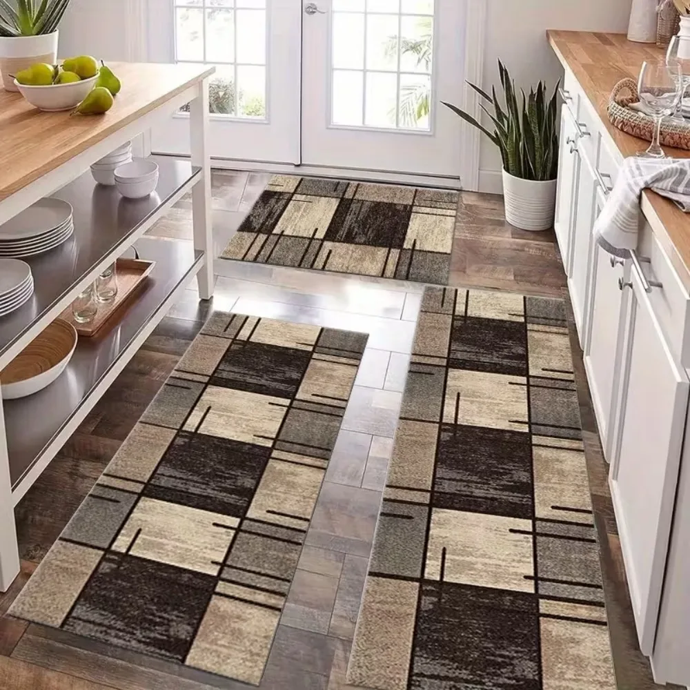 Tapis de sol de cuisine à motif damier marron moderne, tapis lavable pour couloirs de buanderie, tapis de porte d'entrée, décoration de maison