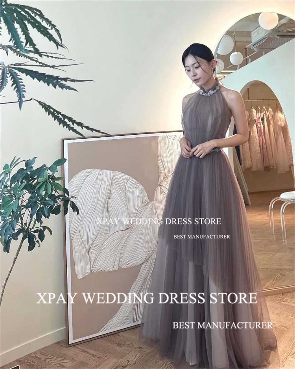 XPAY Elegant Grey Halter Neck Korea Evening Dresses Beading Tiered Party Customised Gown Lace Up A Line Backless Prom Dress