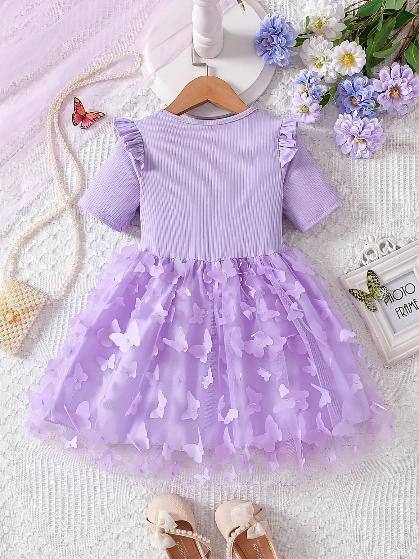 Girls Purple Tulle Dress, K-POP Cartoon Print Ribbed Flutter Sleeve Big Bow 3D Butterfly Tutu Dress