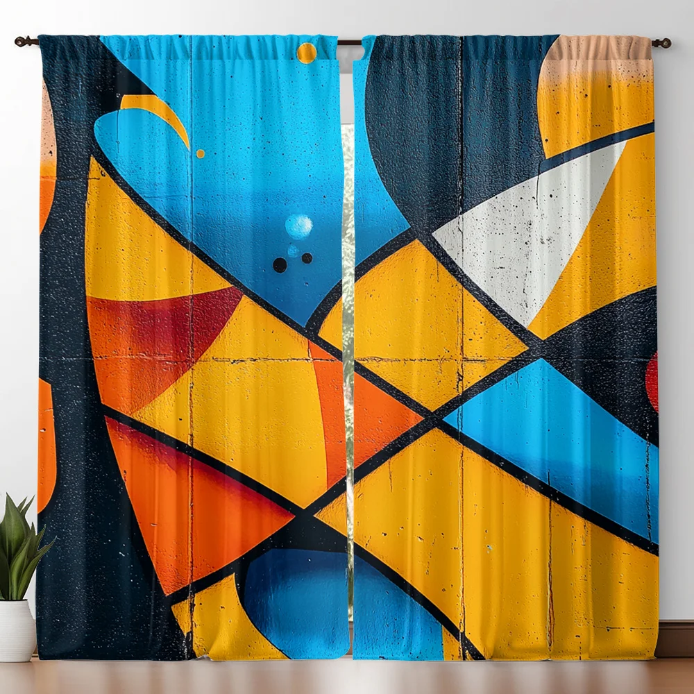 2pcs Street Art Geometric Curtains Blue Yellow Orange Black Rod Pocket Polyester Light Filtering Modern Decor Living Room