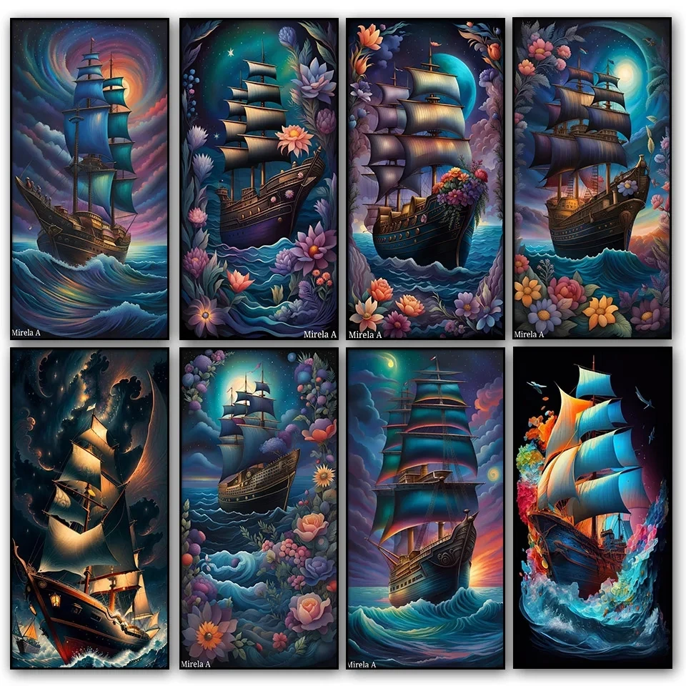 Diamond Mosaic Fantasy Ship Diamond Painting New 2024 Full Sqaure Round Drill Sea Boat Landscape Christmas Gift Home Decor H598