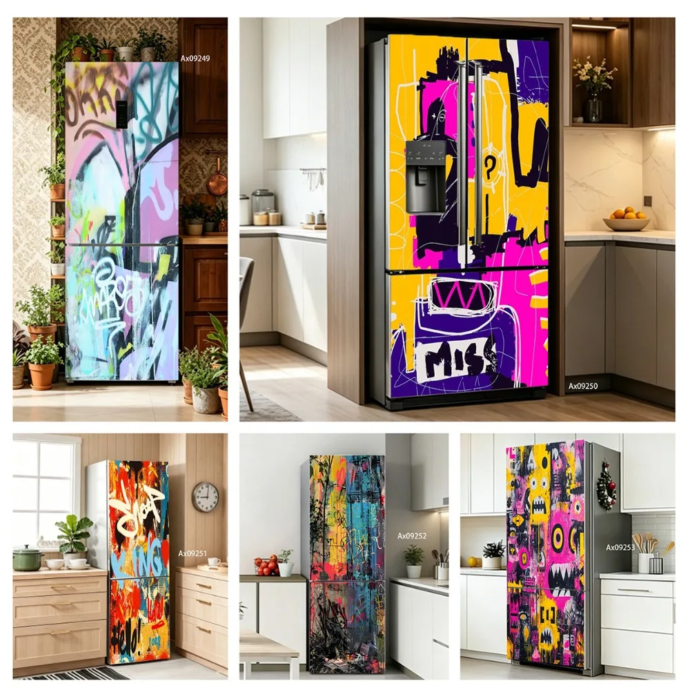 Retro Abstract Art Fridge Door Mural PVC Fridge Sticker Cover for French Doors Refrigerator Wallpaper Home Cabinets Decoration