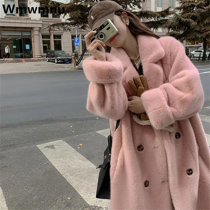 Thick Faux Mink Fur Long Coats Winter Elegant Imitate Mink Velvet Jackets Women Fashion Plush Warm Furry Overcoat  Loose Jaqueta