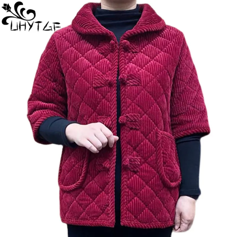 

Corduroy Autumn Winter Waistcoat Coat Women Mid-Sleeve Casual Warm Plush Vintage Dial Buckle Vest Lady Fashion Mom Jacket 2899