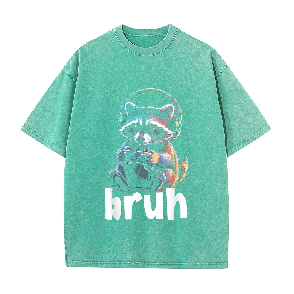 Bruh Video Games Boys Gamer Raccoon T-Shirt Футболки Y2k Camiseta Graphic Print Plus Size Layering 100 Cotton Tee Casual T