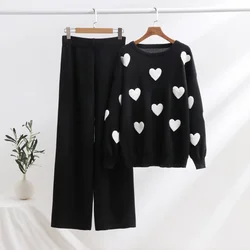 Elegant 2 Piece Knit Pants Set Women Love Heart Knitted Sweatshirt Matching Sets Casual Knitted Two Piece Sets Women Winter 2024