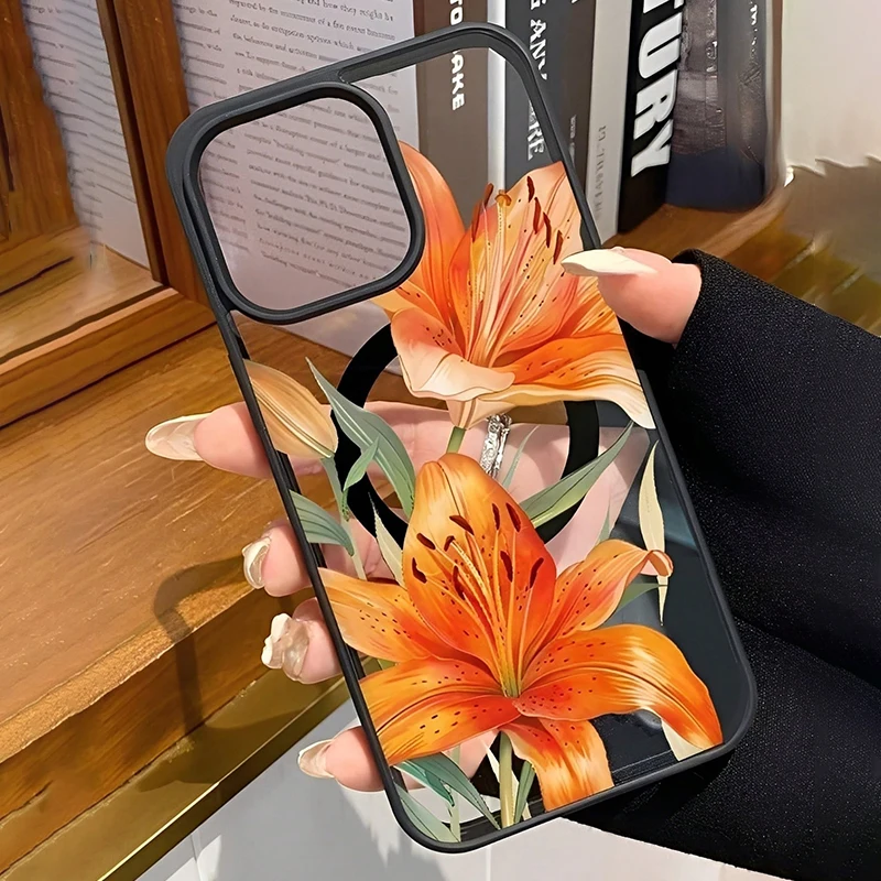 Orange Lily-Patterned Magnetic Case For iPhone 17 11 16 15 14 13 12 Pro Max Plus Air 17E 16E For Magsafe Wireless Charging Cover - view 6