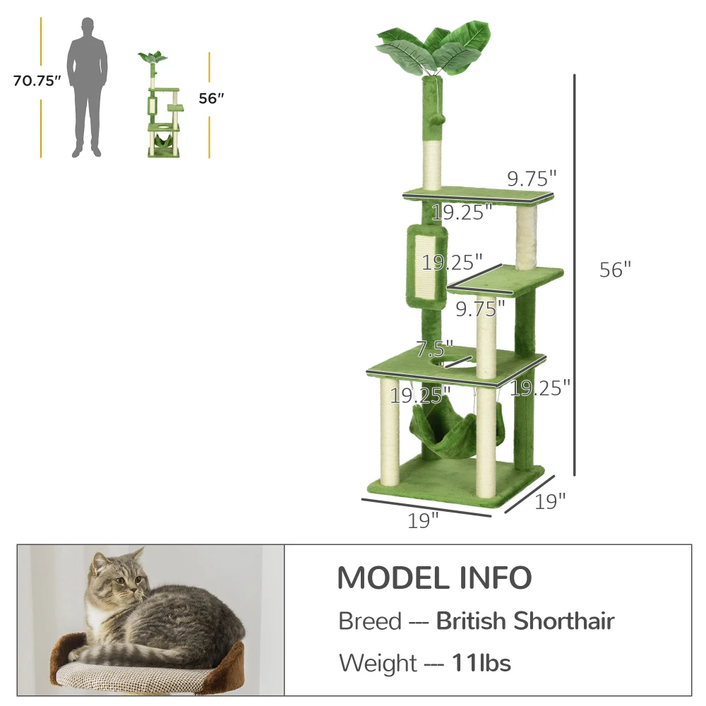 PawHut 56"Cat Tree for Indoor Cats with HammockCat Tower Scratching Post Platforms Play Ball Anti-tipping Device Indoor Green