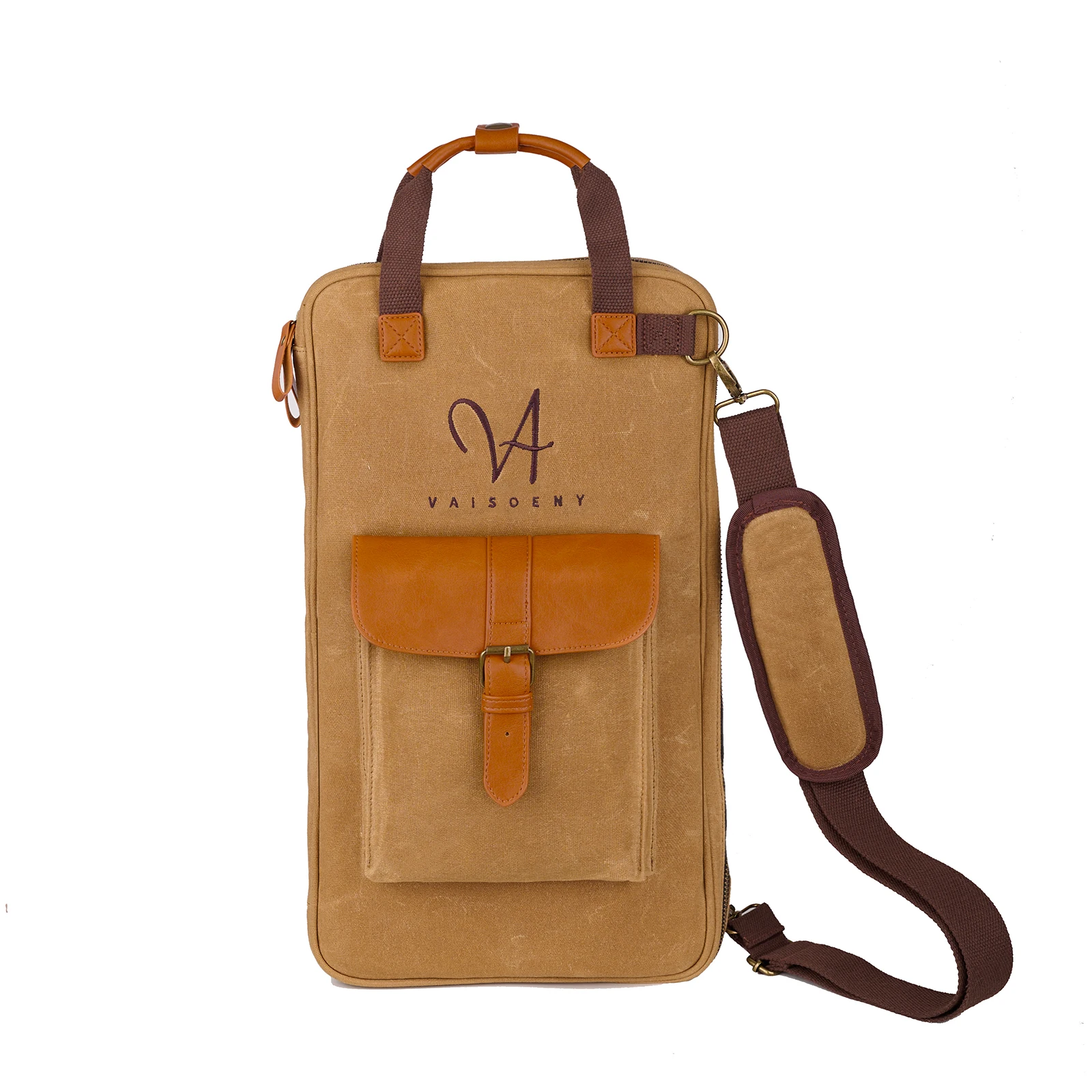 Vaisoeny Brown Waxed Canvas Drum Stick Bag - Handle/Detachable Strap, Percussion Case for Drummers Beginners (GBB-ZS)