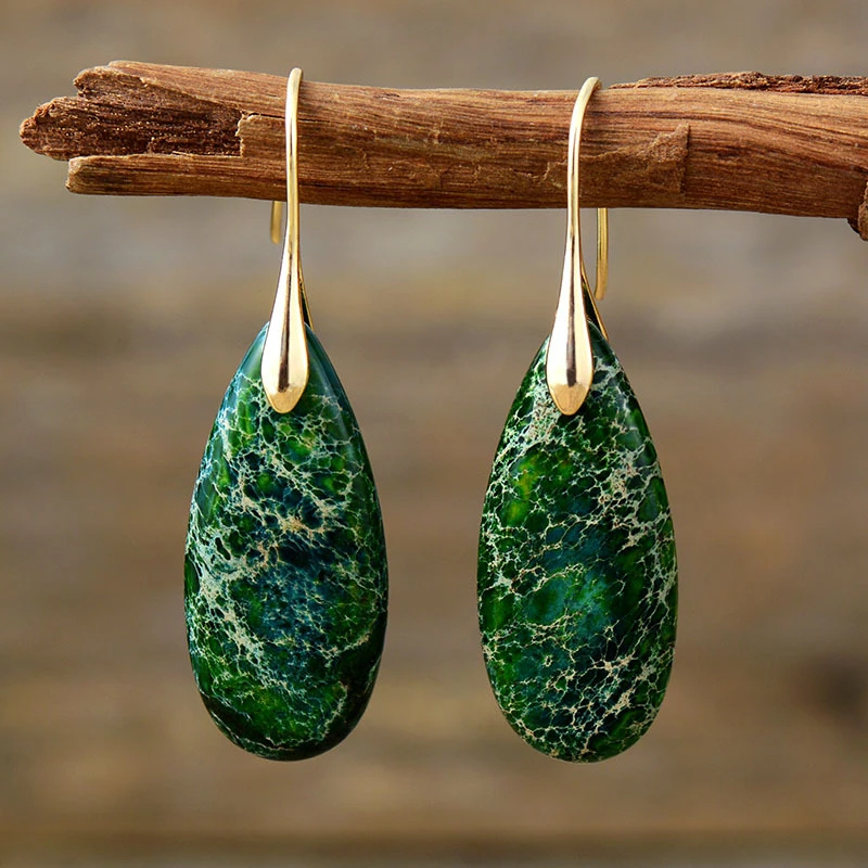European and American Bohemian Style Imperial Stone Droplet Pendant Earrings Women Natural Stone Jewelry Personalized Earrings