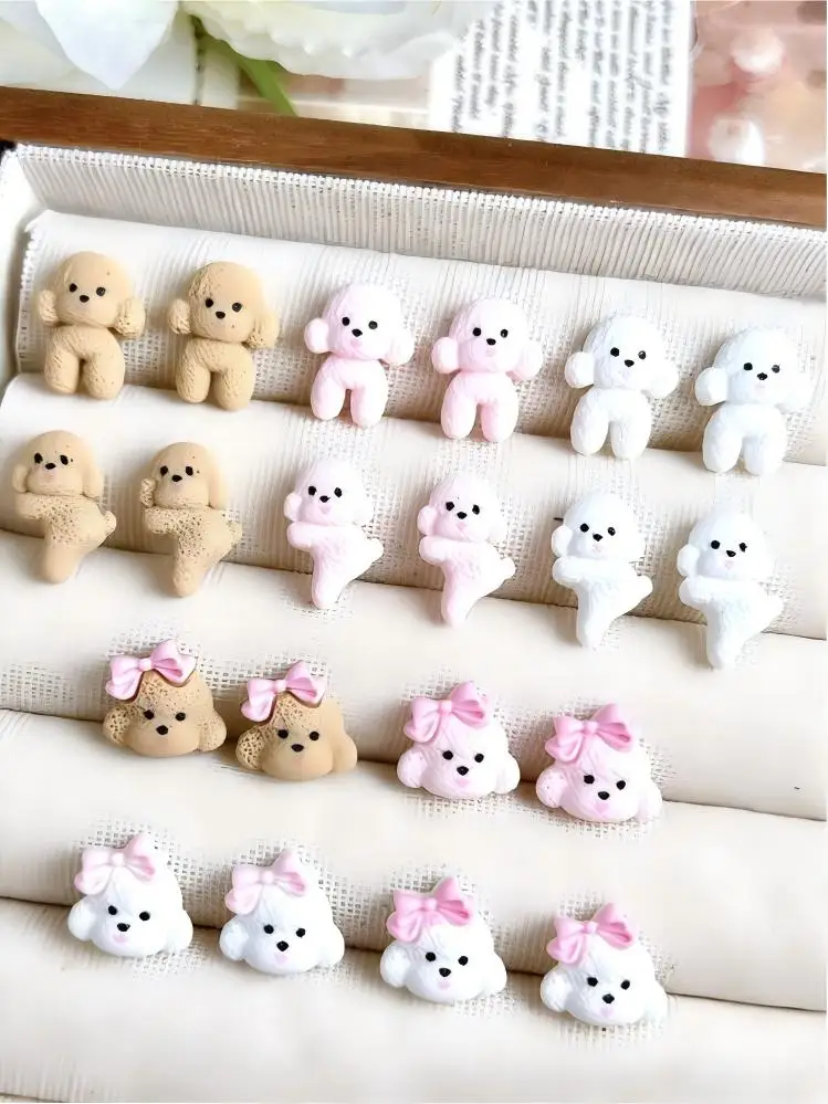 10pcs Mixed Dog Bow Nail Charms – 3D Cute Brown Teddy & White Bichon Resin Flatbacks, Sweet Style DIY Nail Art Accessories for M