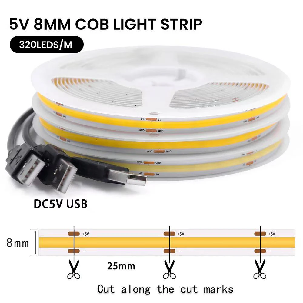 1-5M USB LED Strip Light 5V 320LEDs/M COB Touch Sensor Dimmable Lamp Tape DIY Mirror Backlight TV Kitchen Room Night Lighting