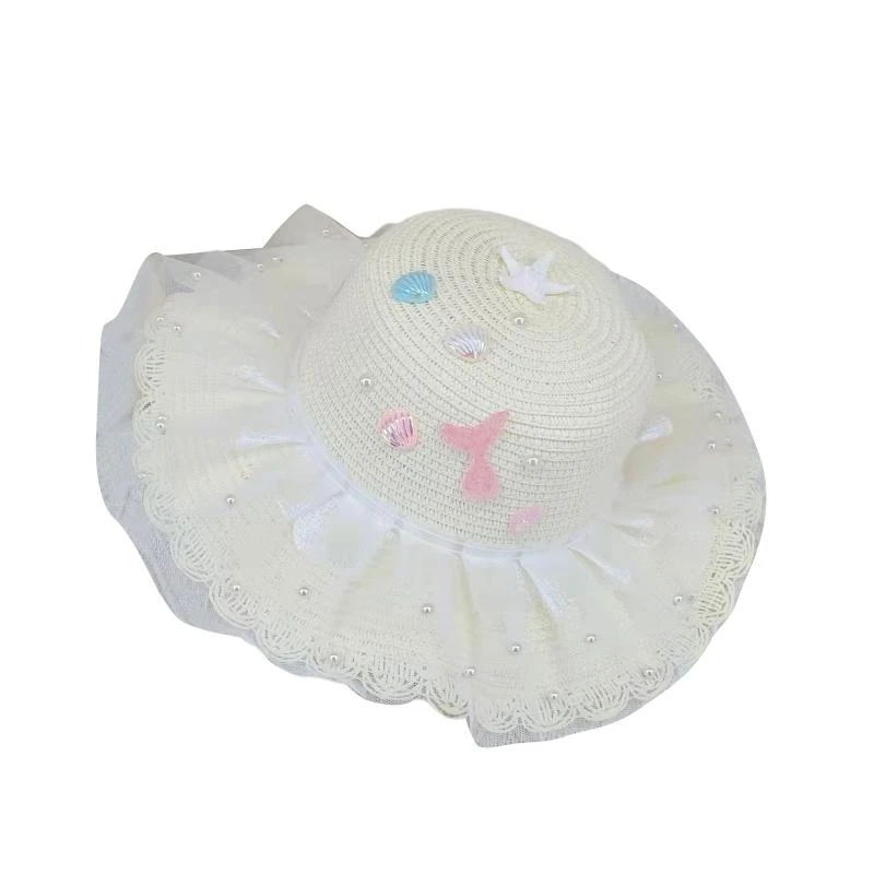Large Lace Brim Summer Bucket Hat Beach Travel Straw Weaving Fisherman Hats for Toddler Skin-friendly Hats Sunproof Cap