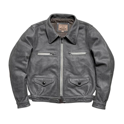 Grå vinterläderjacka i retro vintagestil, plusstorlek 5XL, äkta naturligt kohud, tysk militärflygläderjacka 8 best sales Tyska rockar - №1