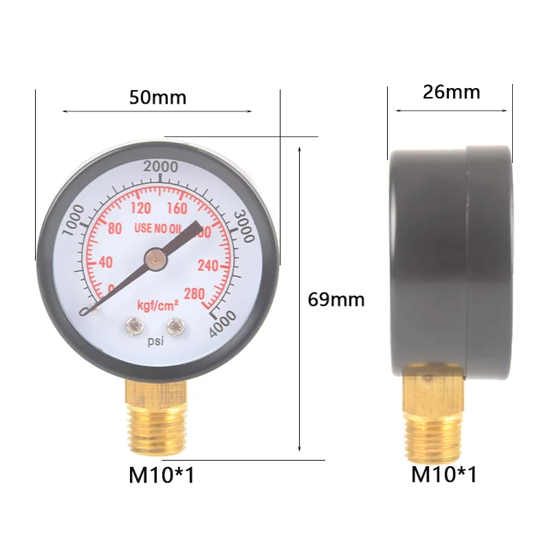 HPA M10*1 4000psi Manometro Pressure Gauge Pneumatic Fitting For Soda Water Compressed Gas Cylinder Refil Accessories