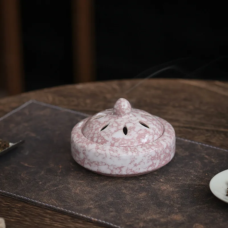 Ceramic Incense Burner Pink Speckled Glaze Censer Home Indoor Incense Holder for Coil Incense Tea Room Desk Decor Craft