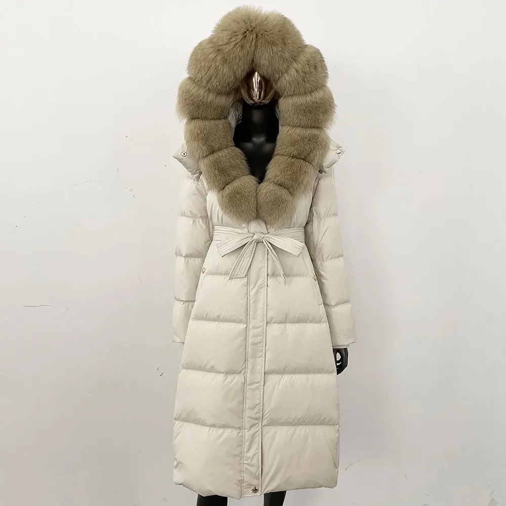 

Пуховик из натурального меха енота, зимняя свободная куртка-пуховик с капюшоном, теплое белое пальто на гусином пуху, женское пальто с воротником из натурального лисьего меха