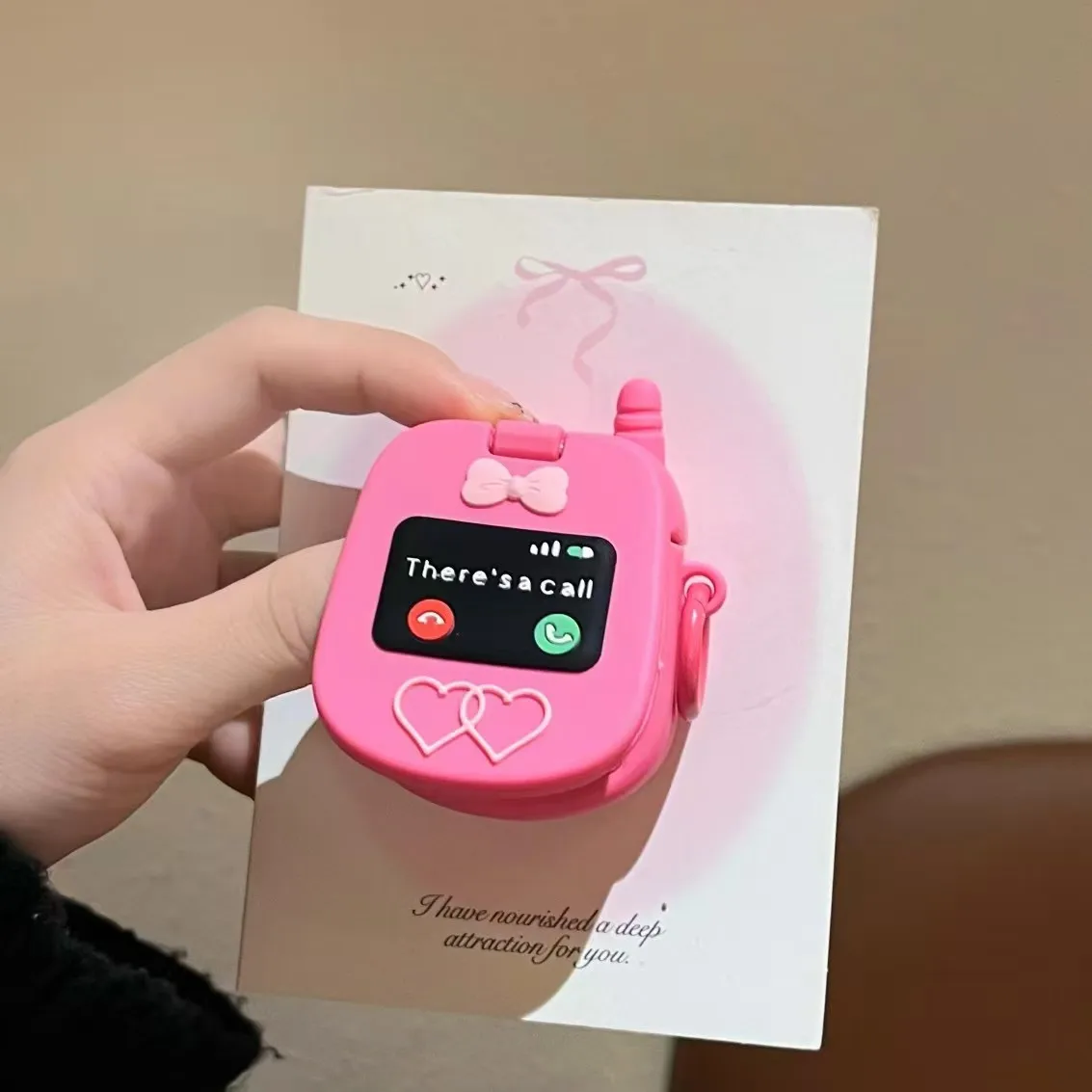 3D Cute Pink Flip Phone Silicone Earphone Case with Mirror for AirPods Pro 1/2/3/4/P,Retro and Shockproof  Gift for Women Girls