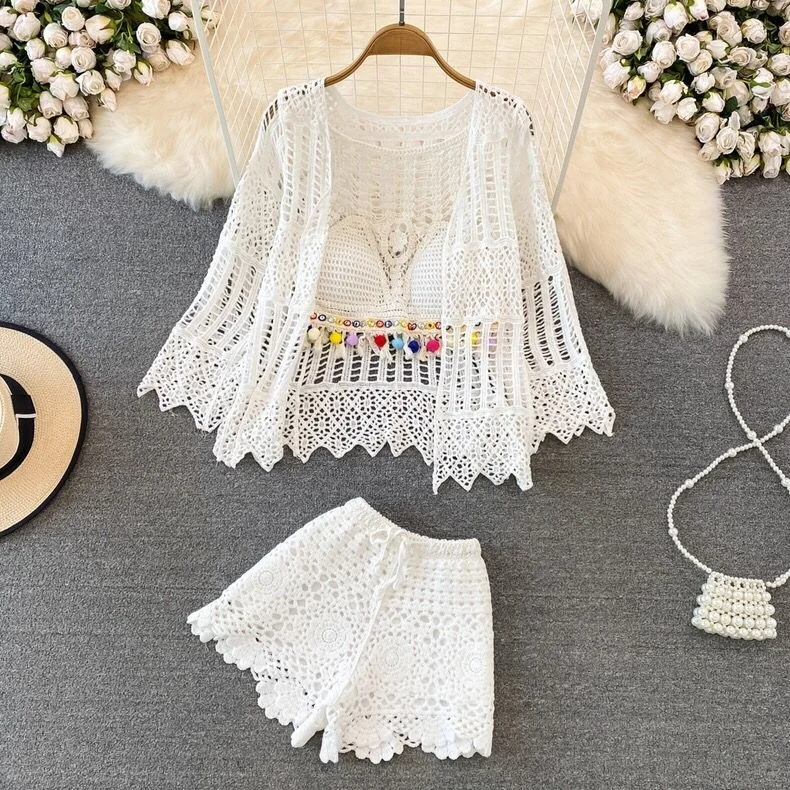 

Beach Vacation Onsen Swimsuit Set Women's Wide Leg Tassel Trim Sun Protection Outerwear Three Piece Suit Summer Fashion