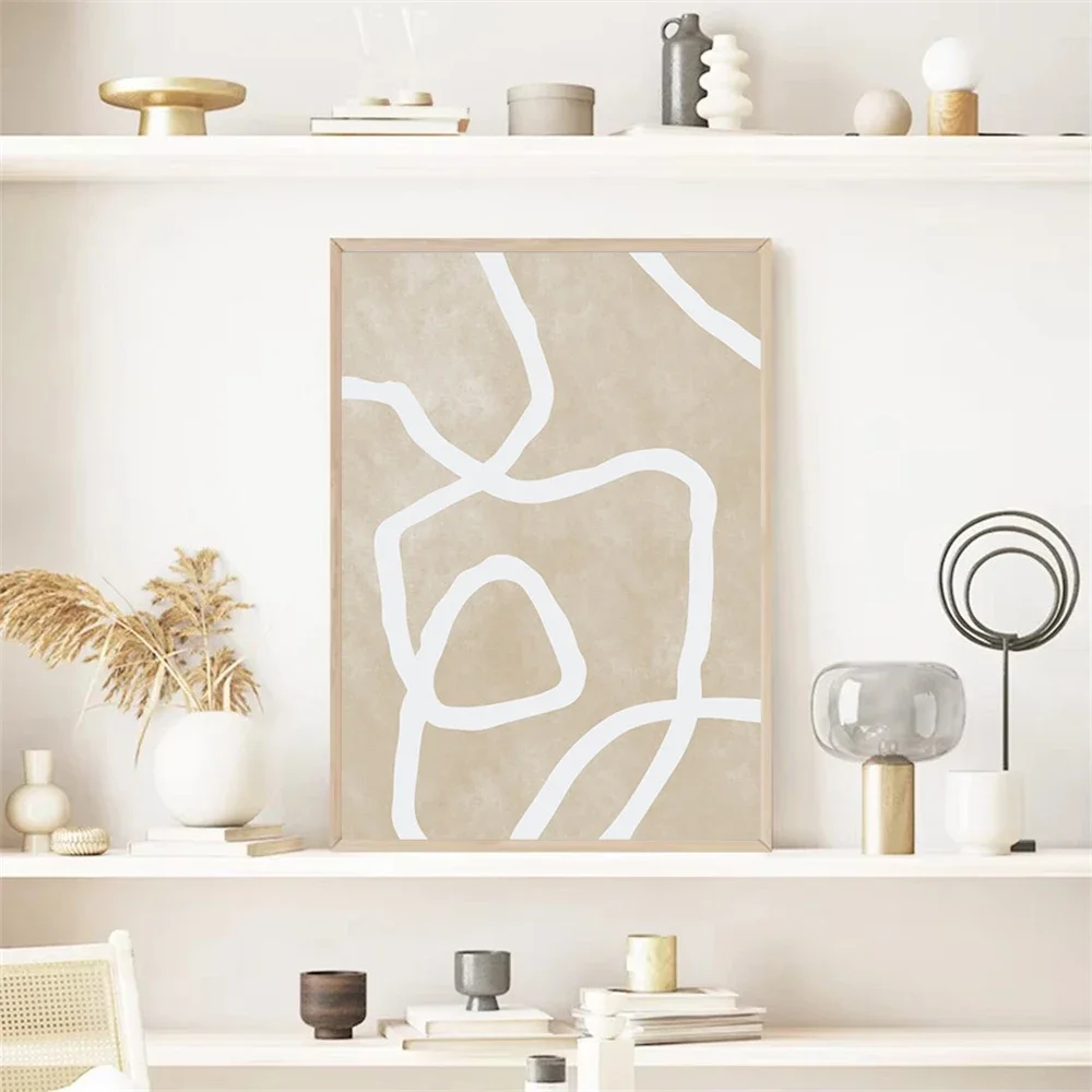 Neutral Boho Beige Posters Abstract White Lines Wall Art Canvas Painting Prints Pictures Modern Living Room Interior Home Decor