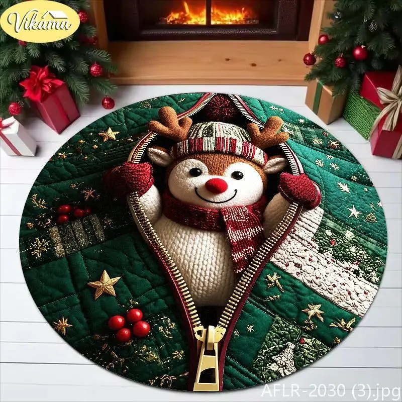 VIKAMA Christmas Round Rug, Cute Reindeer Print Rug, Soft Non-Slip Living Room Rug, Festive Party Decorative Rug, Home Decor