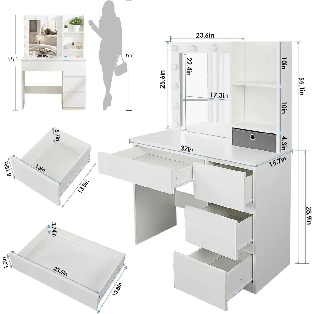 Vaidade de maquiagem com luzes, mesa de vaidade de 37 polegadas, cômoda de 4 gavetas grandes com espelho iluminado